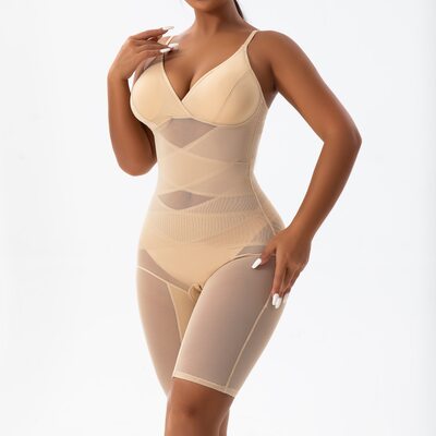 Deep V Tummy Control Spliced Shapewear Bodysuit