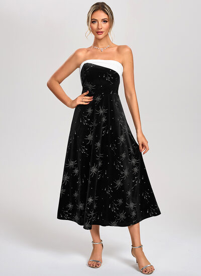 A-line Straight Tea-Length Velvet Cocktail Dress With Black and White 