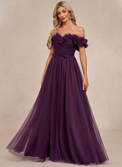 Off the Shoulder 3D Floral Tulle Maxi Dress