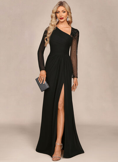 A trapezio asimmetrico a terra chiffona abito da sera con pieghettato perline 