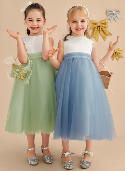 A-line Scoop Tea-Length Satin Tulle Lace Flower Girl Dress With Bow 