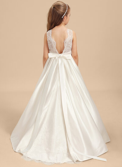 Ball-Gown/Princess Scoop Sweep Train Lace Satin Tulle Flower Girl Dress With Sash 