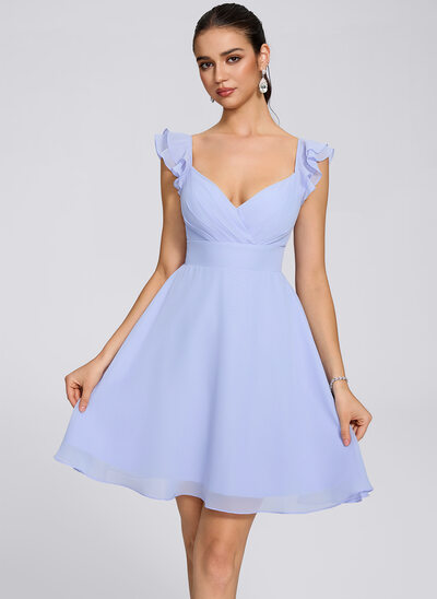 A-line V-Neck Short Chiffon Homecoming Dress With Ruffle 