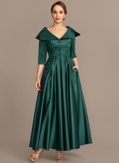 A-line V-Neck Collared Ankle-Length Satin Mother of the Bride Dress With Appliques Lace 