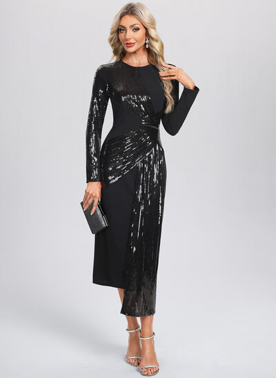 Sheath/Column Scoop Asymmetrical Tea-Length Sequin Stretch Crepe Cocktail Dress 