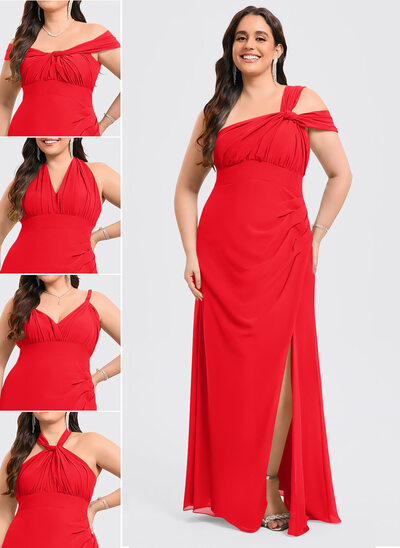 Раструб/Платье-русалка недоуздок V шеи Одно плечо Off-плечу Длина до пола Шифон Платье Подружки Невесты с Рябь 