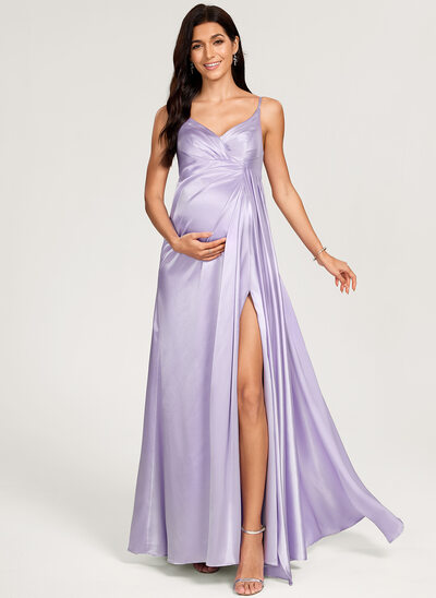 Kjole med A-linje V-hals Gulvlængde Stræk satin Graviditetskjoler med Plisseret 