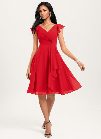 A-линии V шеи Длина до колен Шифон Платье Подружки Невесты с Рябь 