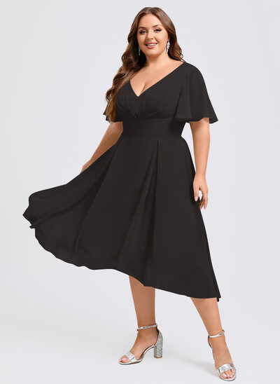 A-line V-Neck Asymmetrical Chiffon Cocktail Dress With Ruffle 