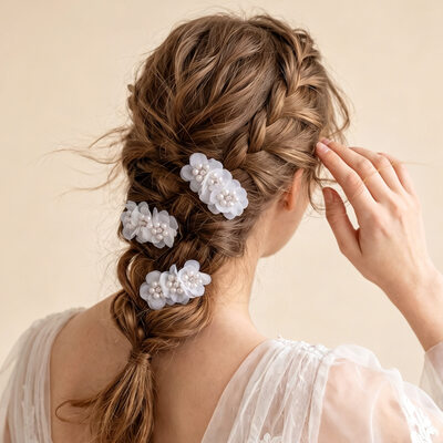 Tocado de boda perla flores juego de pinzas para el cabello (juego de 3)