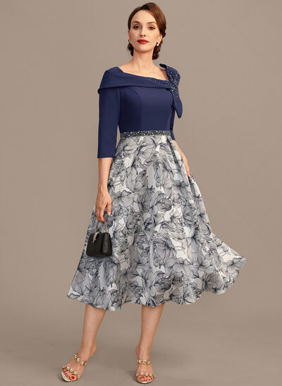 A-line Asymmetrical Tea-Length Jacquard Floral Stretch Crepe Mother of the Bride Dress With Beading Sequins Bow 