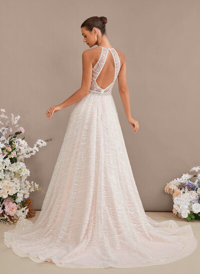 A-line Halter Court Train Lace Wedding Dress With Sequins 