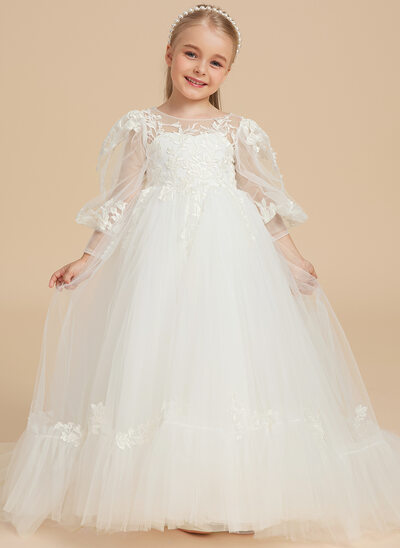 Tanssiaismekot/prinsessa pyöreä kaula-aukko epäsymmetrinen tylli pitsi kukka tyttö mekot 