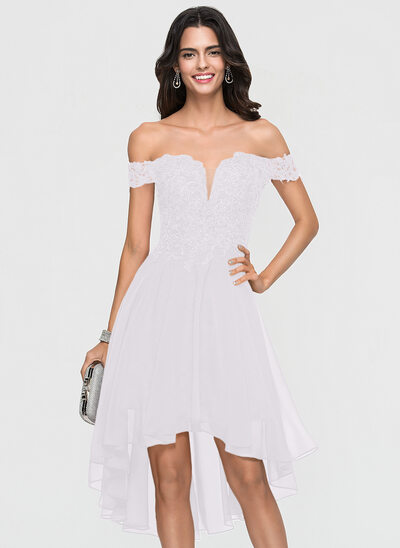 Robe trapèze épaule dénudée asymétrique mousseline robe de soirée étudiante avec brodé 