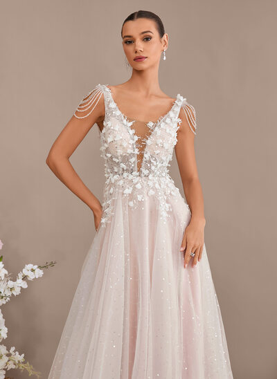 A-line Scoop Court Train Lace Tulle Wedding Dress With Beading Sequins 