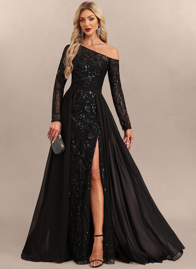 Slire En skuldret Sweep/Børste train Tyll Paljett Chiffon Festkjole med Overskjørt 