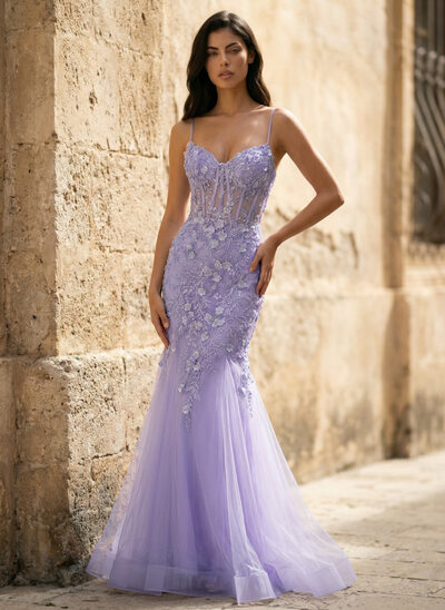 Trumpet/Mermaid V-Neck Spaghetti Straps Sequins Tulle Dress