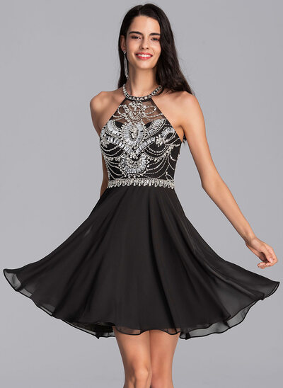 A-Line Scoop Neck Short/Mini Chiffon Homecoming Dress With Beading Sequins 