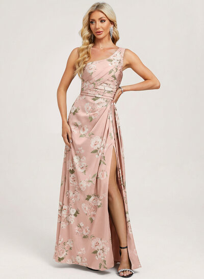 Trapèze une épaule plis satin mat robe