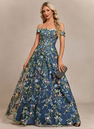 Off the Shoulder 3D Floral Lace Maxi Dress