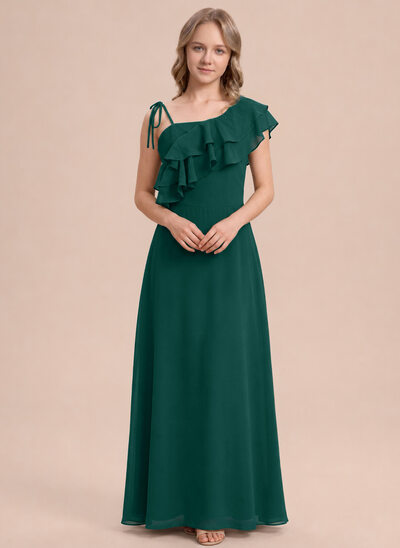 Vestido línea a con escote monohombro volantes de gasa