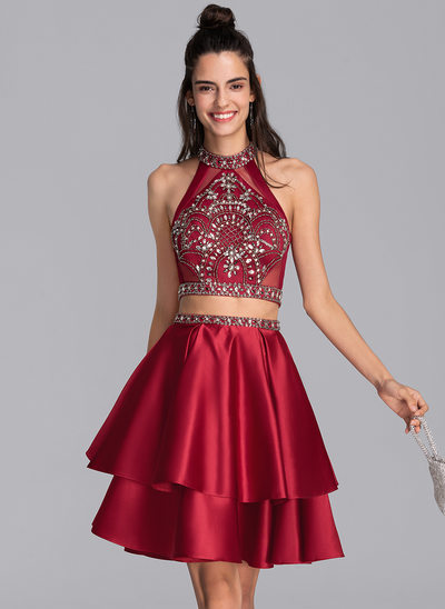 A-Line Scoop Neck Short/Mini Satin Homecoming Dress With Beading Sequins 