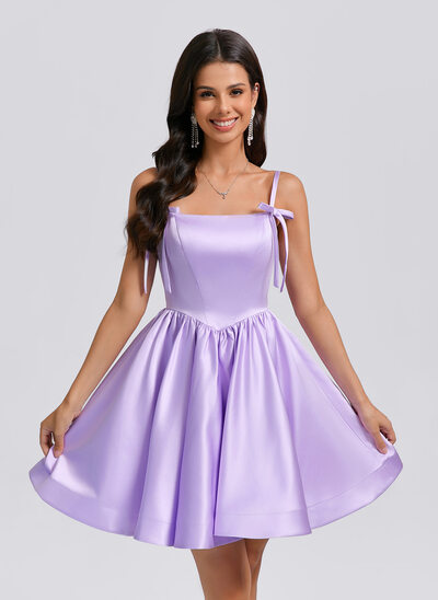De baile/princesa quadrada curto cetim vestido de formatura com arco 