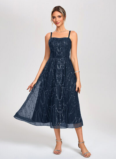 A-line Square Tea-Length Lace Tulle Cocktail Dress With Sequins 