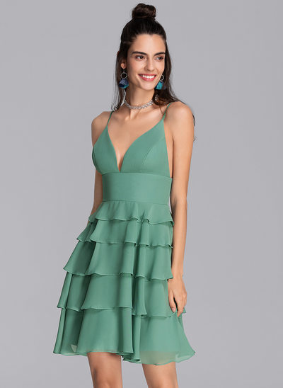 A-Line V-neck Short/Mini Chiffon Homecoming Dress With Cascading Ruffles 