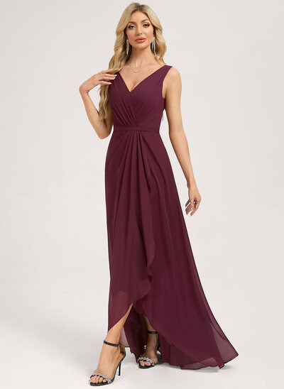 Robe de demoiselle d'honneur trapèze col v asymétrique mousseline 