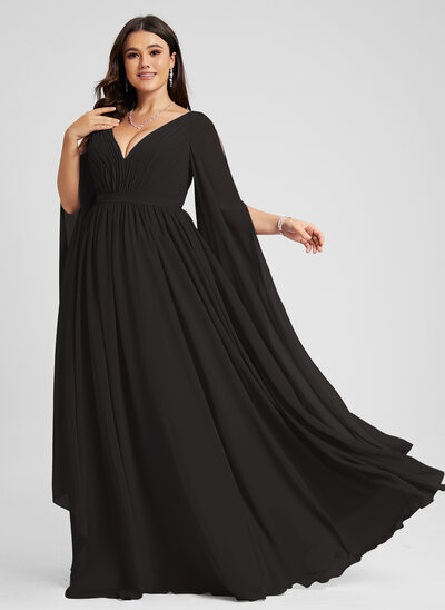 A-line V-Neck Floor-Length Chiffon Evening Dress With Cape Pleated 