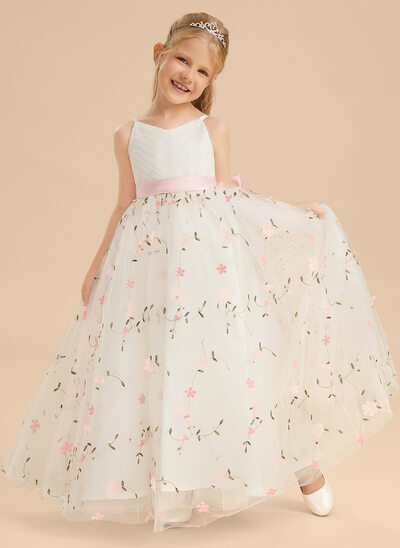 A-linja v-kaula lattiaa hipova pituus satiini tylli pitsi kukka tyttö mekot jossa keula 