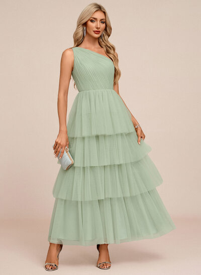 One Shoulder Cascading Ruffles Tulle Midi Dress