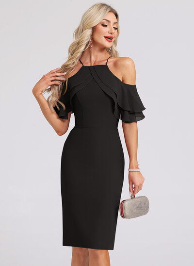 Corte recto hombros con aberturas rodilla gasa vestidos de cóctel con volantes 