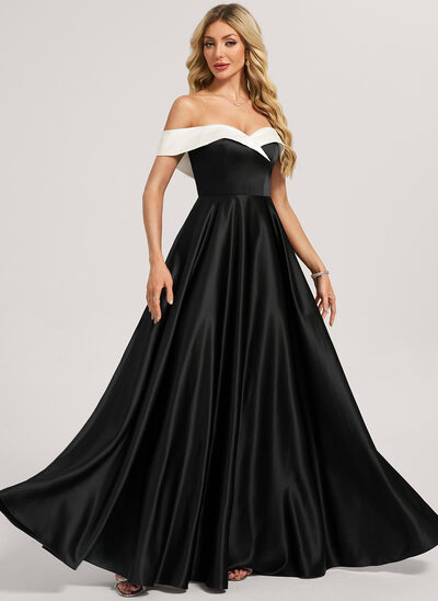 Robe de demoiselle d'honneur trapèze épaule dénudée longueur ras du sol satin avec noir et blanc 