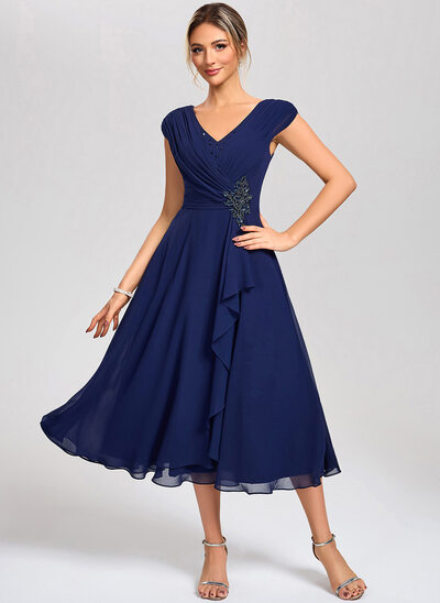 A-line V-Neck Tea-Length Chiffon Cocktail Dress With Beading Ruffle 