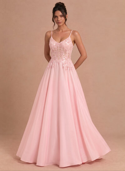 Robe trapèze à col en v à fines bretelles avec paillettes en satin