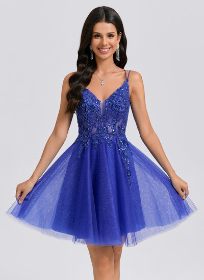 Vestido linha-a decote em v curto tule vestido de formatura com lantejoulas beading apliques de renda 