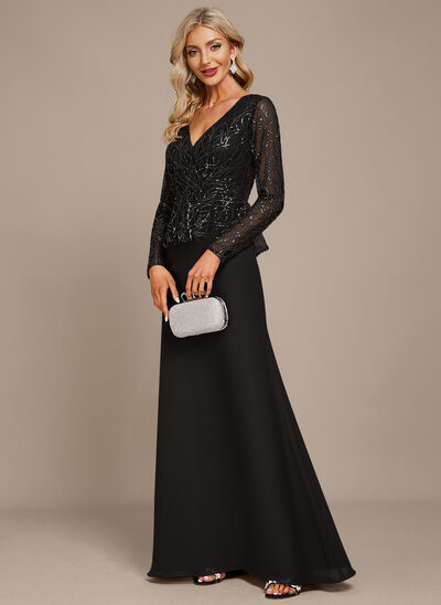Sheath/Column V-Neck Floor-Length Sequin Chiffon Evening Dress 