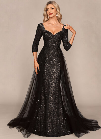 A sirena/stile sirena scollatura a v staccabile sweep/spazzola treno tulle pizzo abito da sera con lustrini sopragonna 