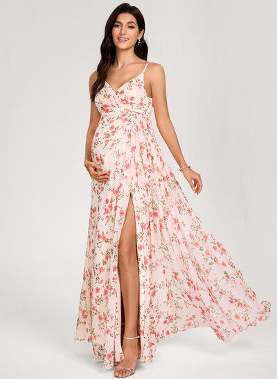 Kjole med A-linje V-hals Gulvlængde Chiffon Graviditetskjoler med Plisseret 