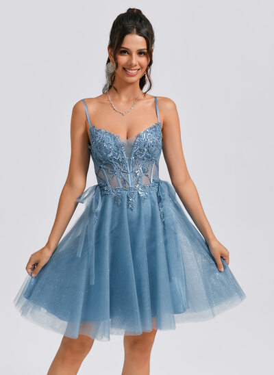 Vestido linha-a decote em v curto tule vestido de formatura com lantejoulas beading apliques de renda 
