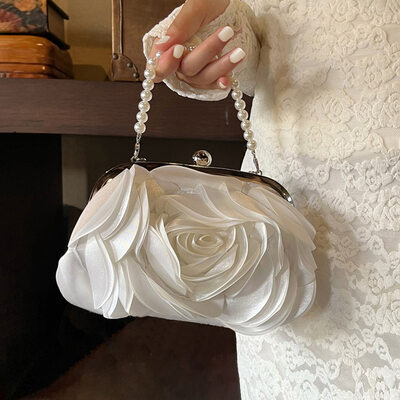 Flower Vintage Wedding Prom Evening Satin Evening Bags in Champagne White 