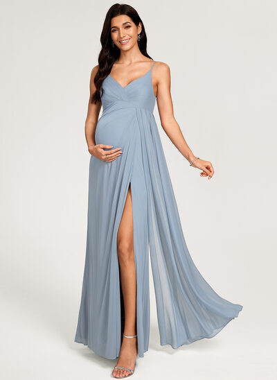 Kjole med A-linje V-hals Gulvlængde Mesh Graviditetskjoler med Plisseret 