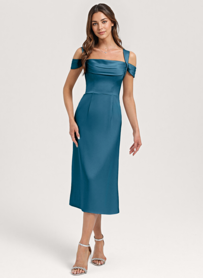 Sheath/Column Cold Shoulder Tea-Length Matte Satin Bridesmaid Dress 