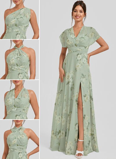 Robe de demoiselle d'honneur trapèze licou une épaule col v longueur ras du sol mousseline 