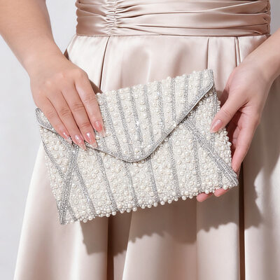 Pearl Rhinestone Elegant Wedding Party Evening Polyester Clutch Bags in Ivory 