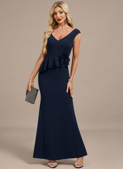 A sirena/stile sirena scollatura a v a terra crespo elastico abito da sera con fiore increspature 