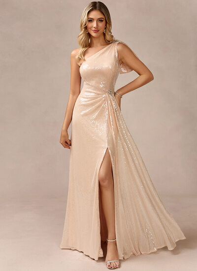 A trapezio una spalla a terra paillettes abito da sera con pin floreale in cristallo 