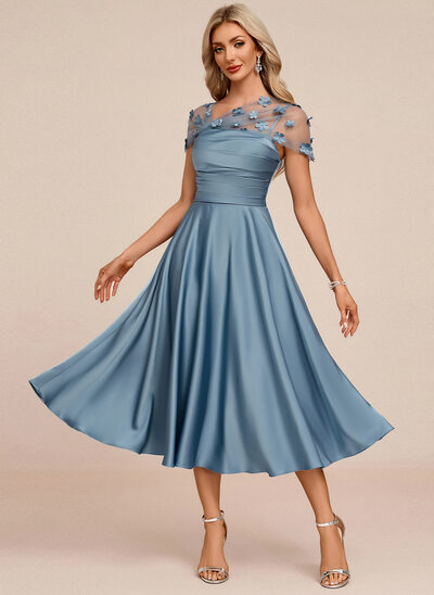 3D Floral Acetate Satin Midi Dress